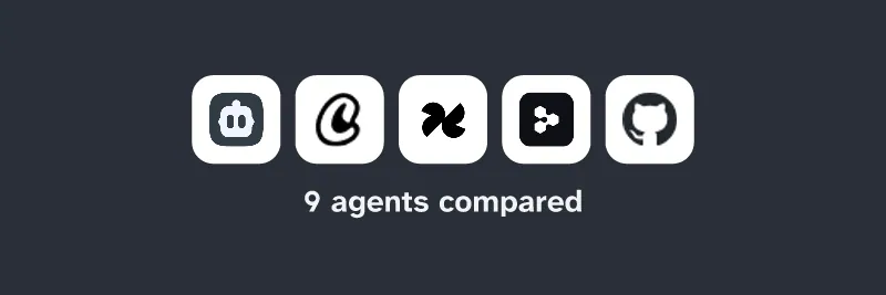 Logos of Cline, CrewAI, 11x, Devin Desktop, GitHub Copilot. 9 agents compared.