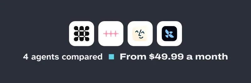 Logos of Fin, n8n, Lindy, LangChain. 4 agents compared, from $49.99 a month.