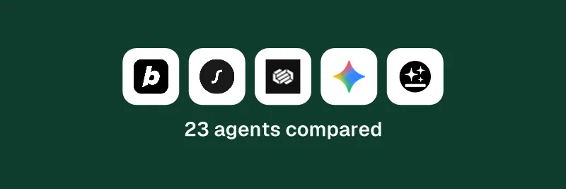 Logos of Bolt, Crescendo, Decagon, Gemini Code Assist, Genspark. 23 agents compared.