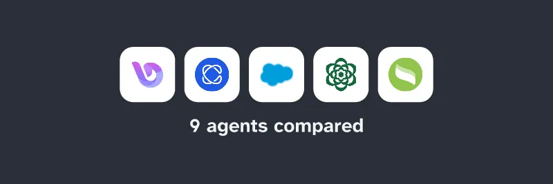 Logos of Blits.ai Agentic AI for the Enterprise, Cresta, Salesforce Agentforce, Sierra, Aisera Agent Composer (Agent Studio). 9 agents compared.