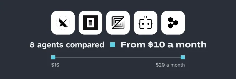 Logos of goose, OpenCode, Zed, Augment Code, Devin. 8 agents compared, from $10 a month.