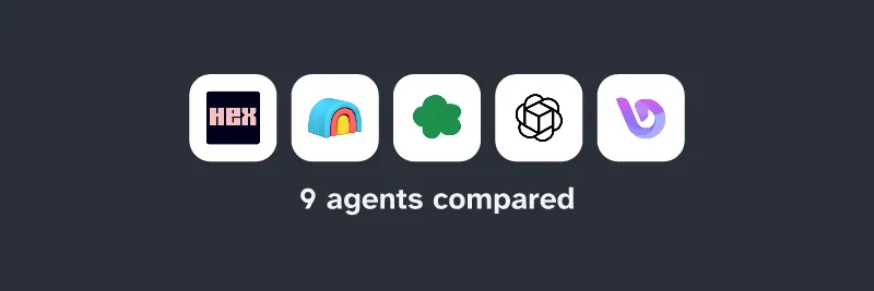 Logos of Hex, Clay, Revnu, EximAgent, Blits.ai Agentic AI for the Enterprise. 9 agents compared.