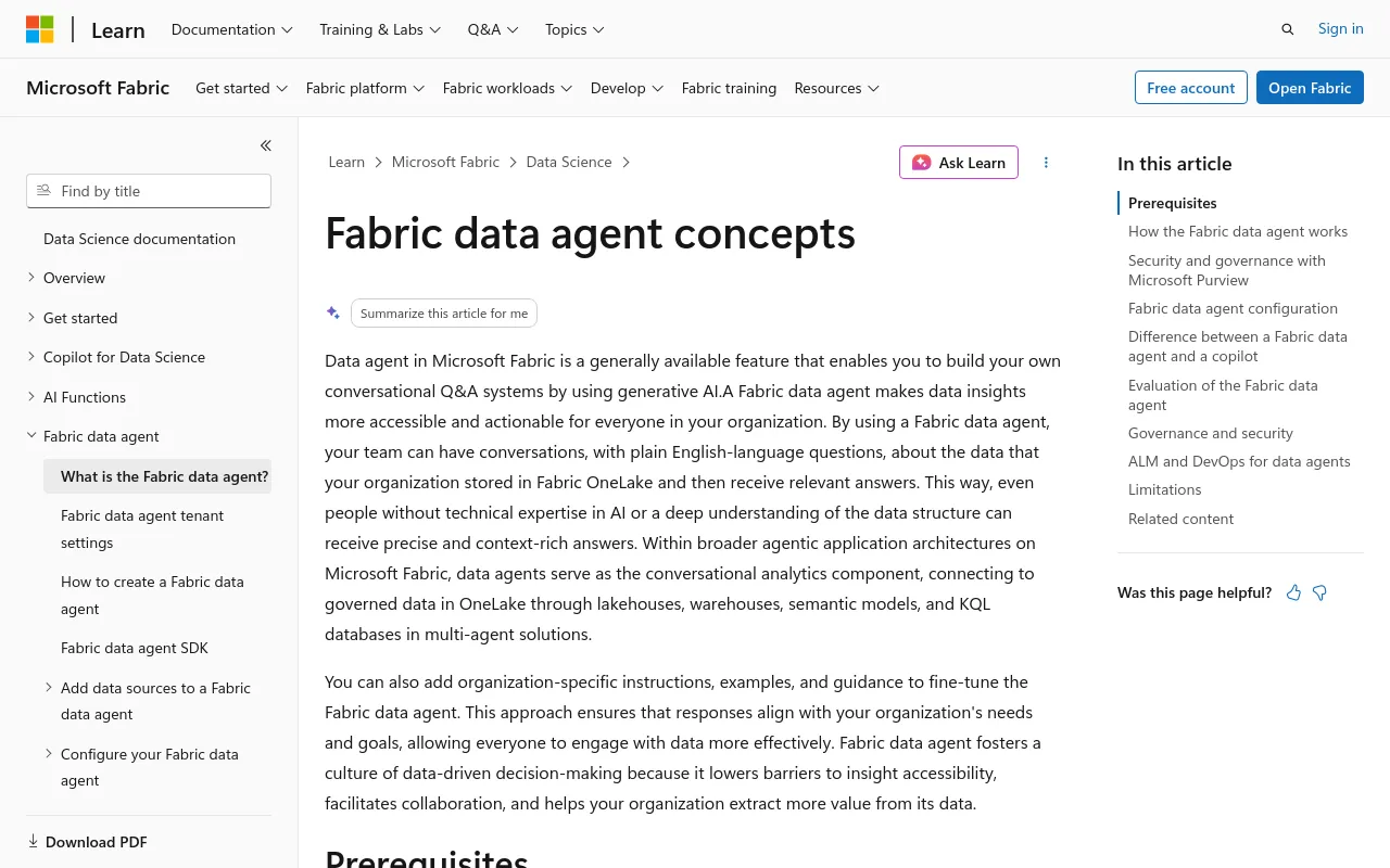 Screenshot of Microsoft Fabric Data Agent